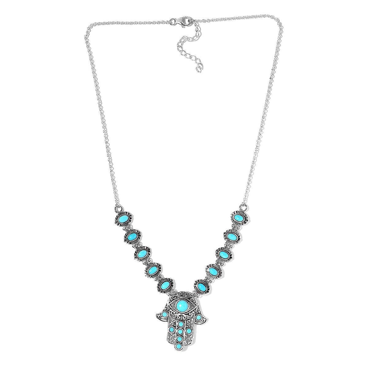 Artisan Crafted Sleeping Beauty Turquoise Hamsa Necklace 18 Inches in Sterling Silver 6.75 ctw image number 3