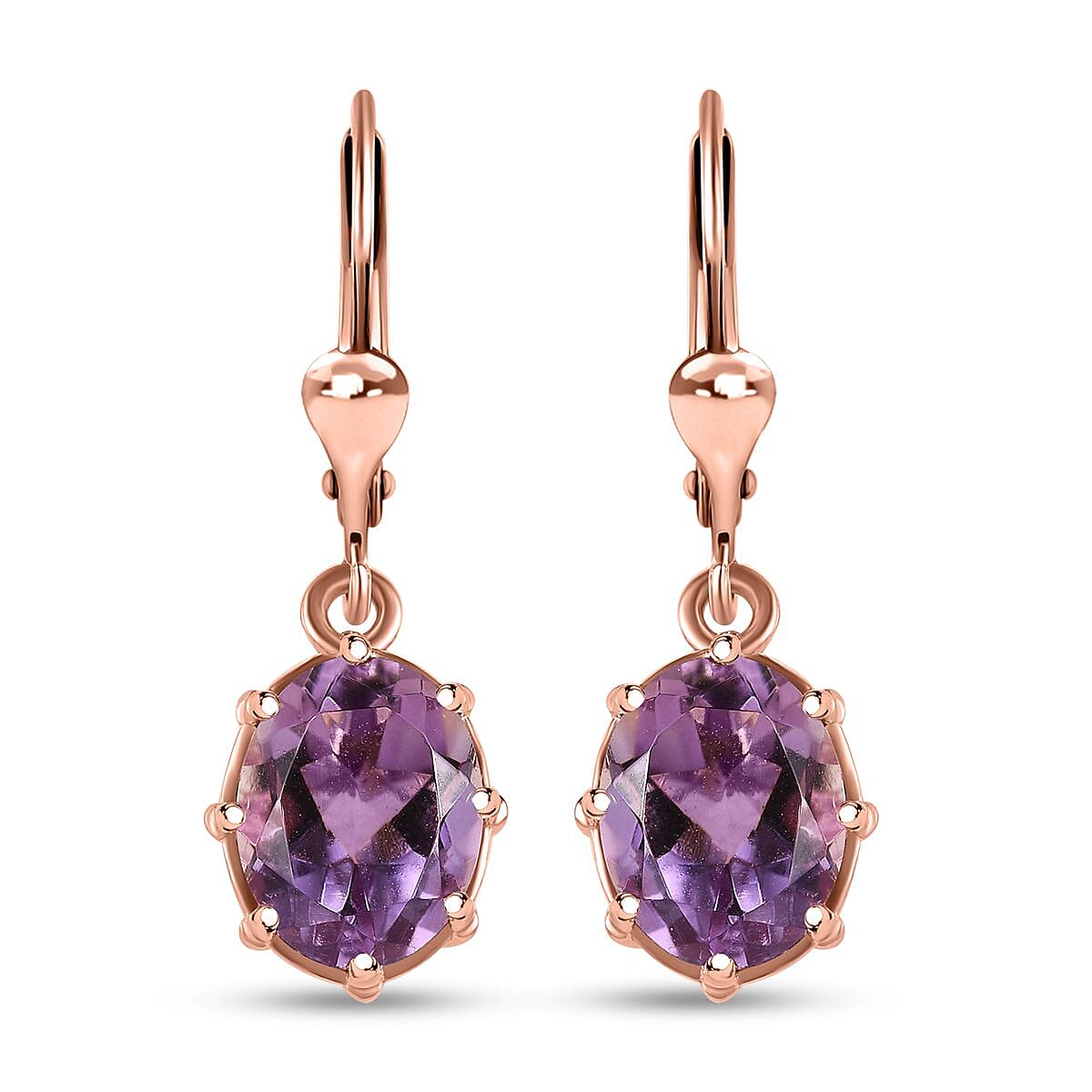 Rose De France Amethyst Solitaire Lever Back Earrings in 14K Rose Gold Over Sterling Silver 3.40 ctw
