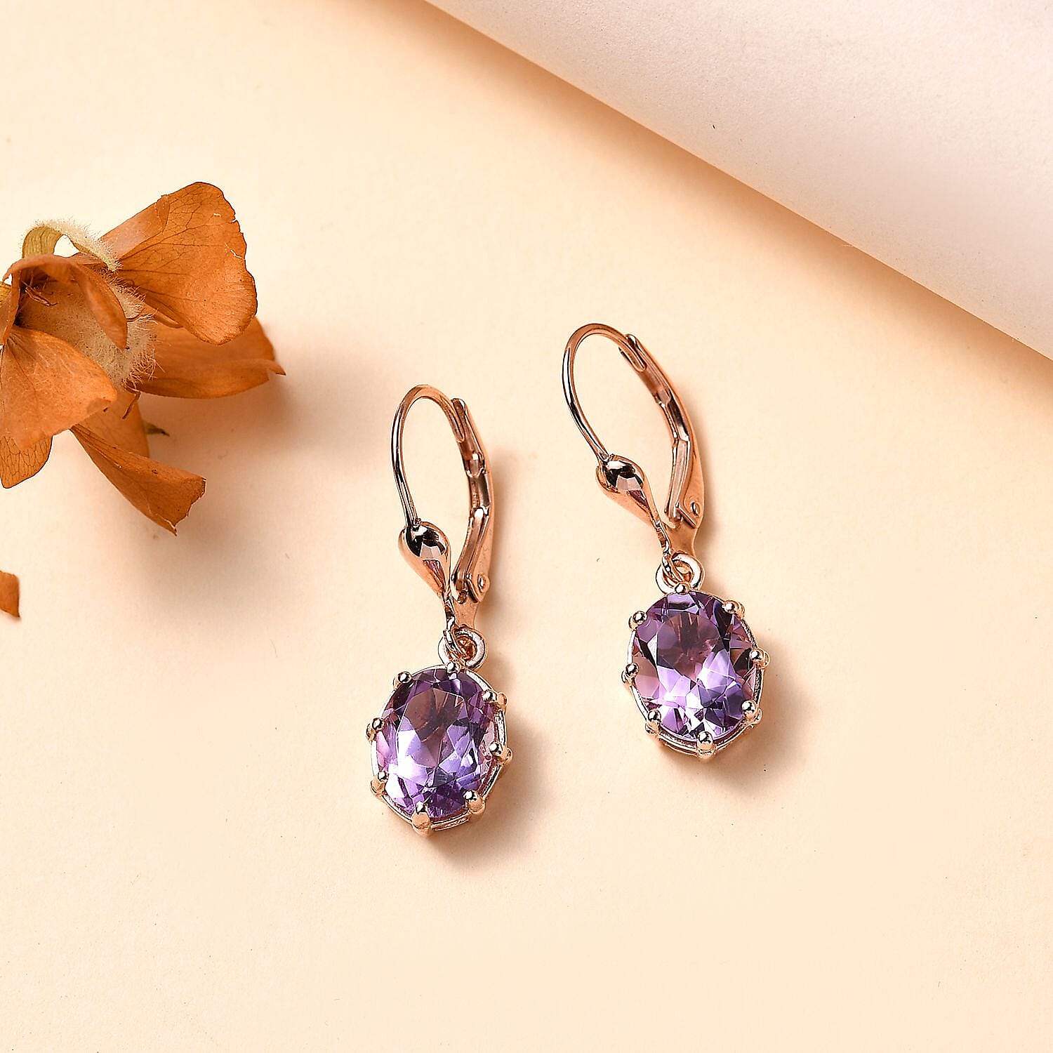 Rose De France Amethyst Solitaire Lever Back Earrings in 14K Rose Gold Over Sterling Silver 3.40 ctw