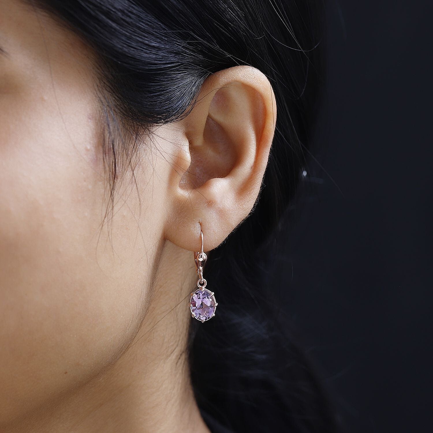 Rose De France Amethyst Solitaire Lever Back Earrings in 14K Rose Gold Over Sterling Silver 3.40 ctw