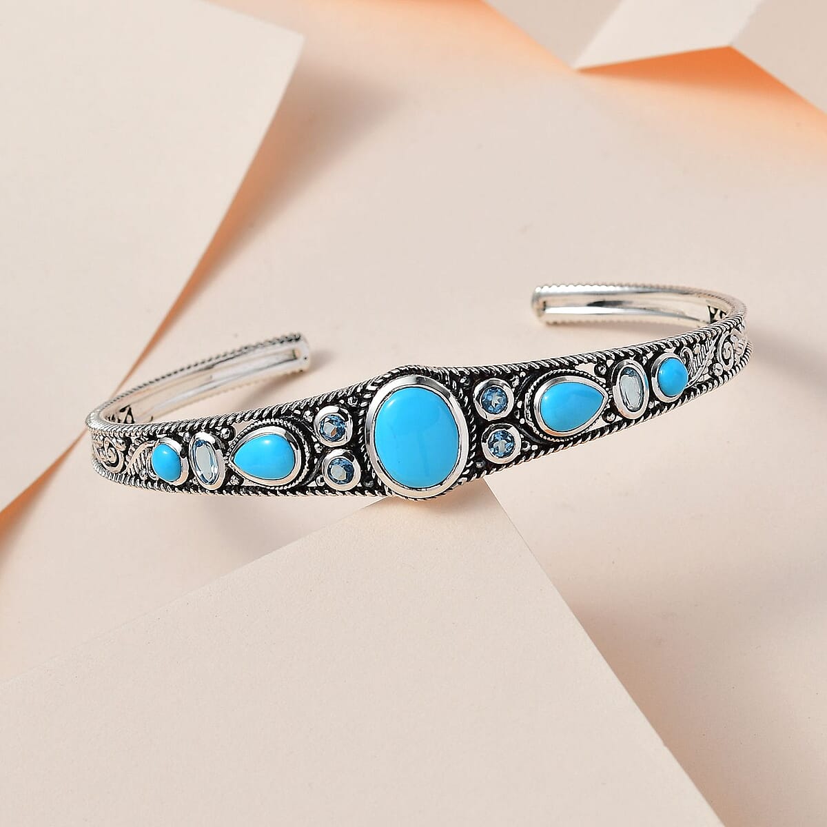 Sleeping Beauty Turquoise and Blue Topaz Cuff Bracelet in Sterling Silver (7.25 In) 6.00 ctw image number 1