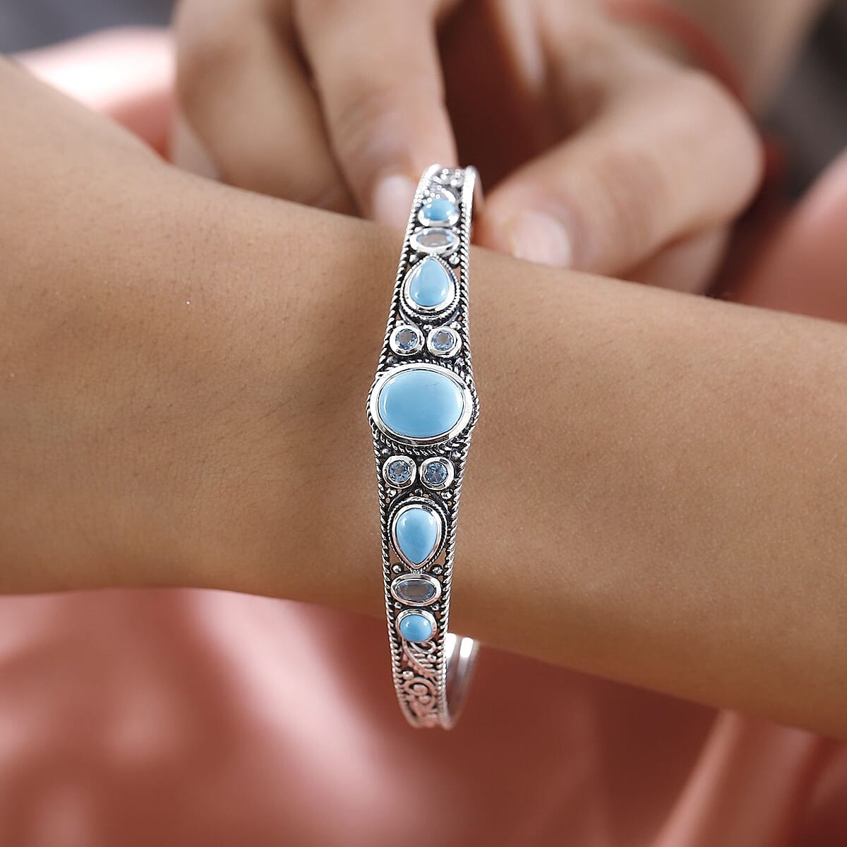 Sleeping Beauty Turquoise and Blue Topaz Cuff Bracelet in Sterling Silver (7.25 In) 6.00 ctw image number 2
