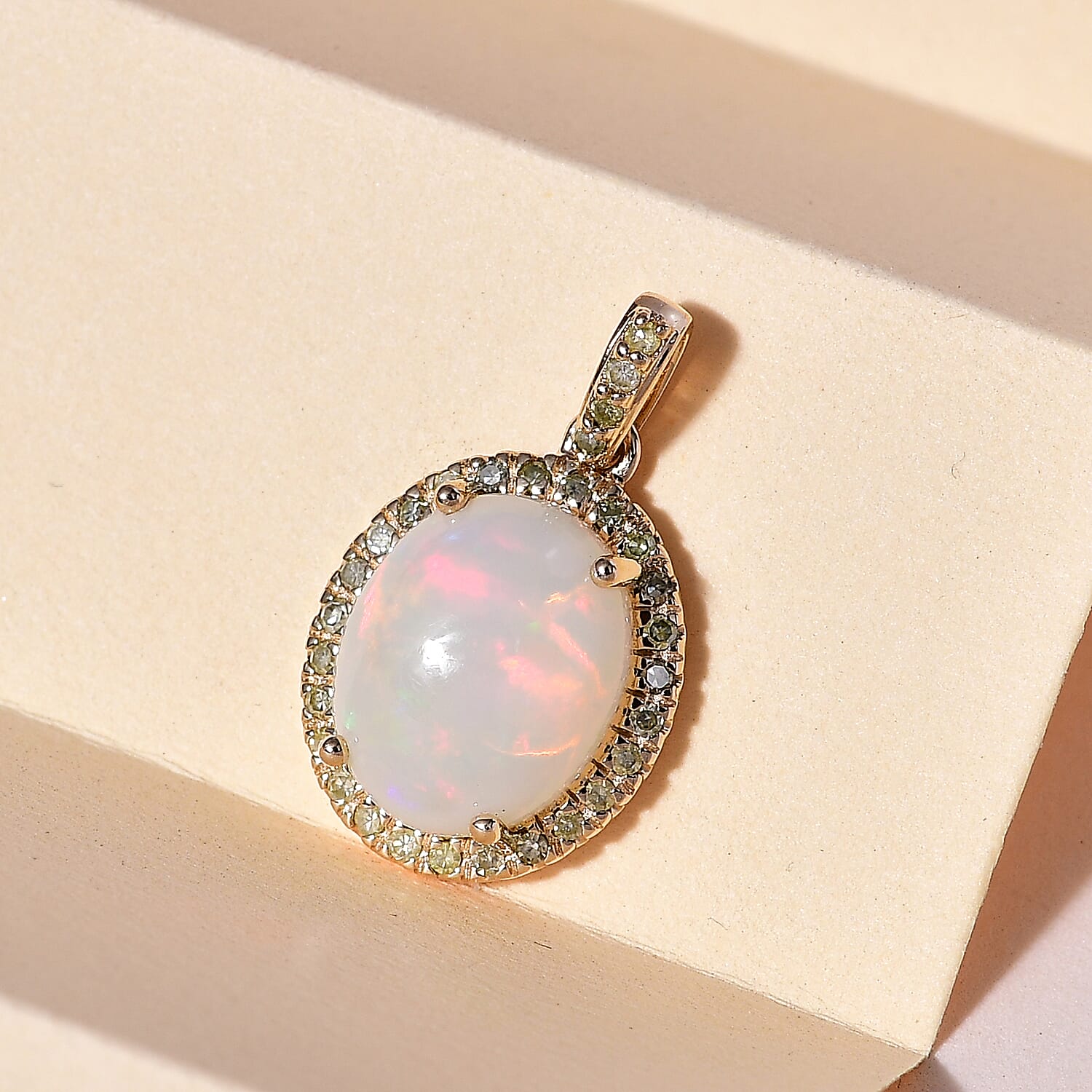 Luxoro 10K Yellow Gold AAA Ethiopian Welo Opal and I3 Natural Yellow Diamond Halo Pendant 3.35 ctw