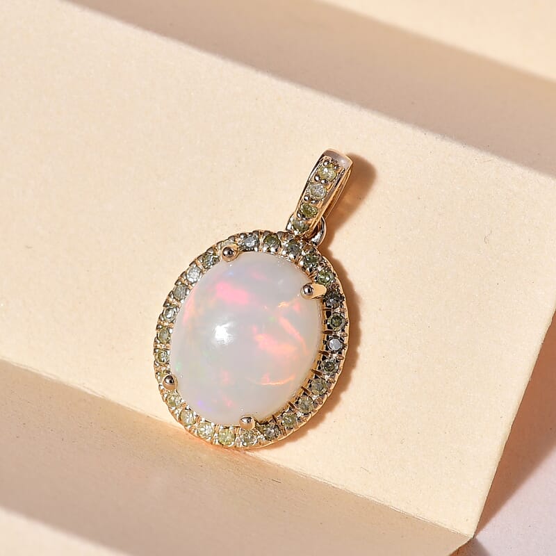 Luxoro 10K Yellow Gold AAA Ethiopian Welo Opal and I3 Natural Yellow Diamond Halo Pendant 3.35 ctw