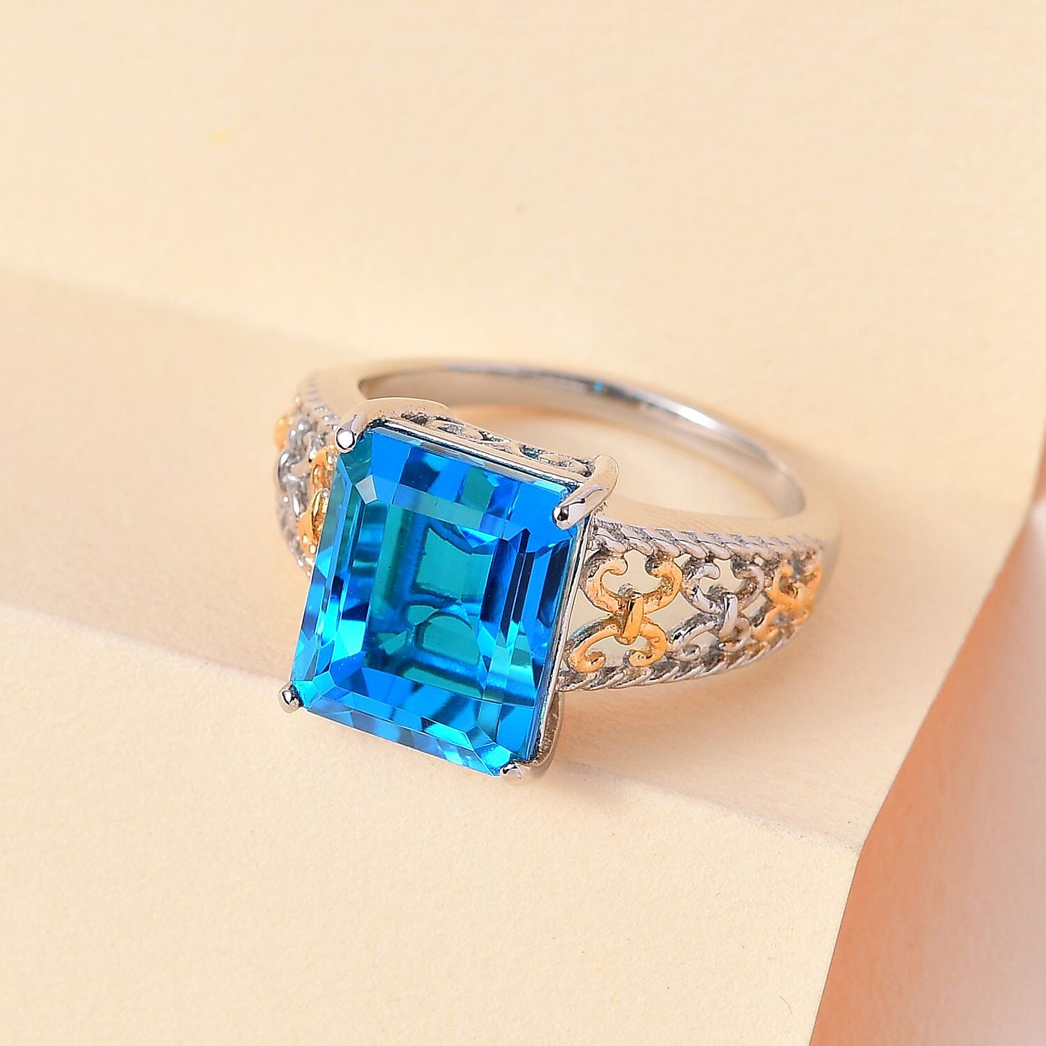 Karis Caribbean Quartz (Triplet) Solitaire Ring in 18K YG Plated and Platinum Bond (Size 10.0) 7.35 ctw