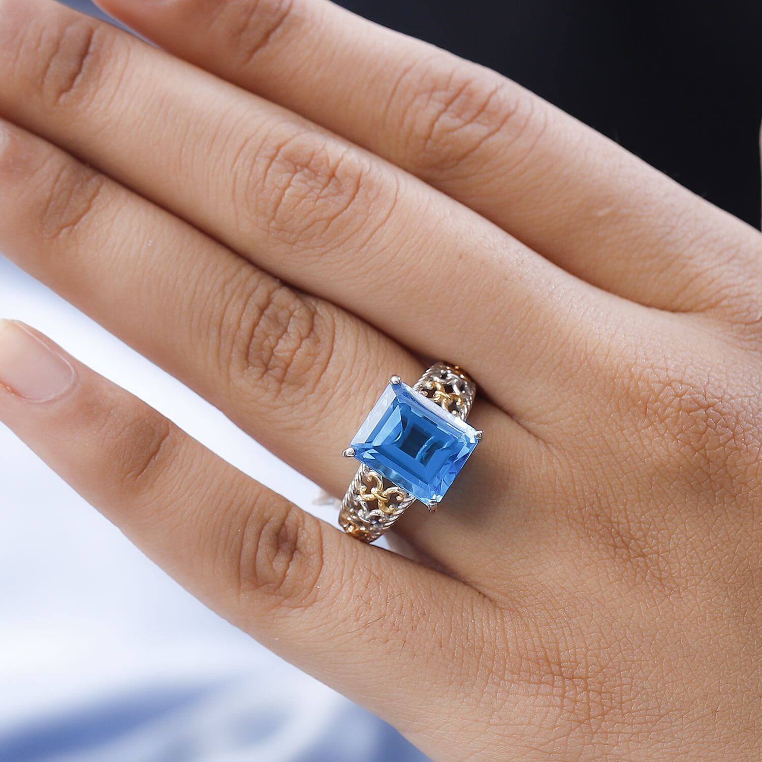 Karis Caribbean Quartz (Triplet) Solitaire Ring in 18K YG Plated and Platinum Bond (Size 10.0) 7.35 ctw