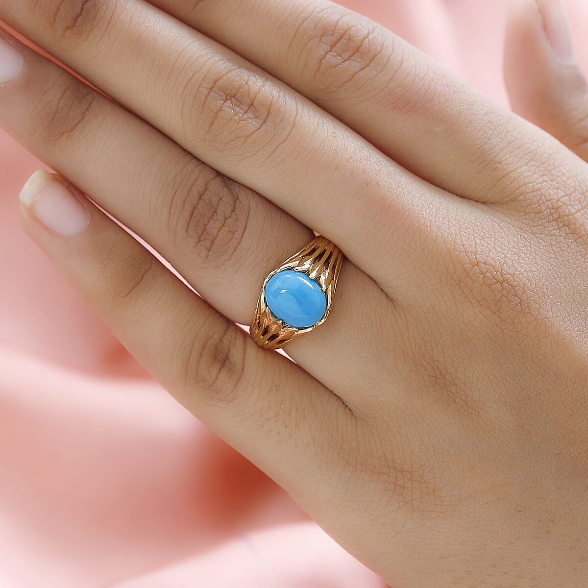 Premium Sleeping Beauty Turquoise Solitaire Ring in Vermeil Yellow Gold Over Sterling Silver 2.60 ctw image number 2