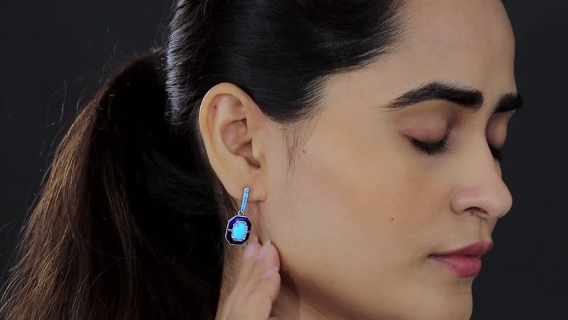 Sleeping Beauty Turquoise and Malgache Neon Apatite, Enameled Dangling Earrings in Platinum Over Sterling Silver 3.15 ctw