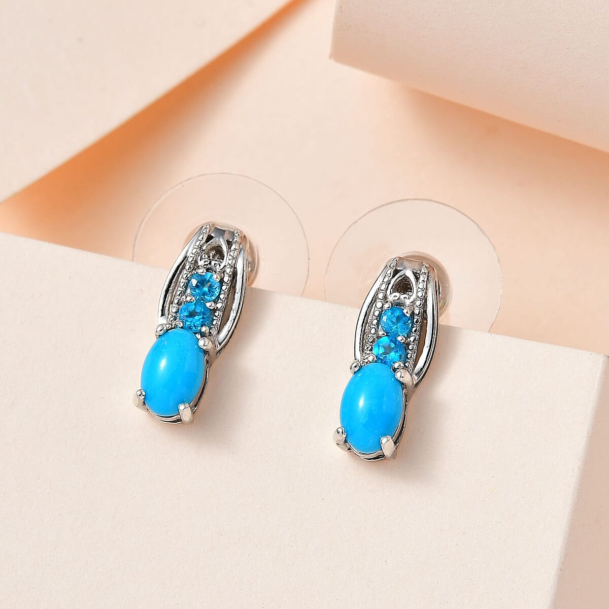Premium Sleeping Beauty Turquoise and Malgache Neon Apatite Earrings in Platinum Over Sterling Silver 1.00 ctw image number 1