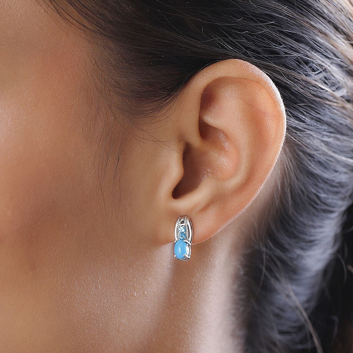 Premium Sleeping Beauty Turquoise and Malgache Neon Apatite Earrings in Platinum Over Sterling Silver 1.00 ctw image number 2