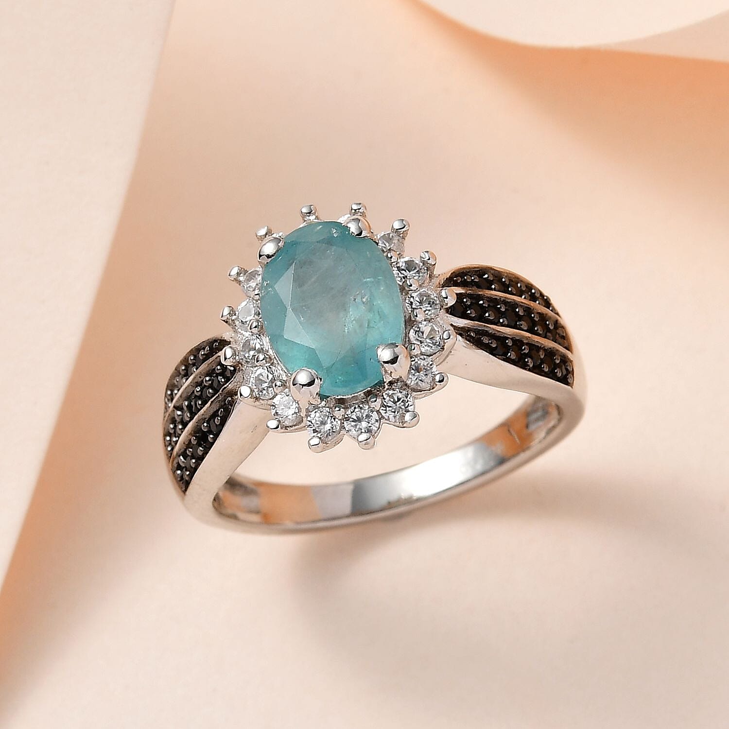 Grandidierite and Multi Gemstone Sunburst Ring in Platinum Over Sterling Silver (Size 10.0) 1.65 ctw