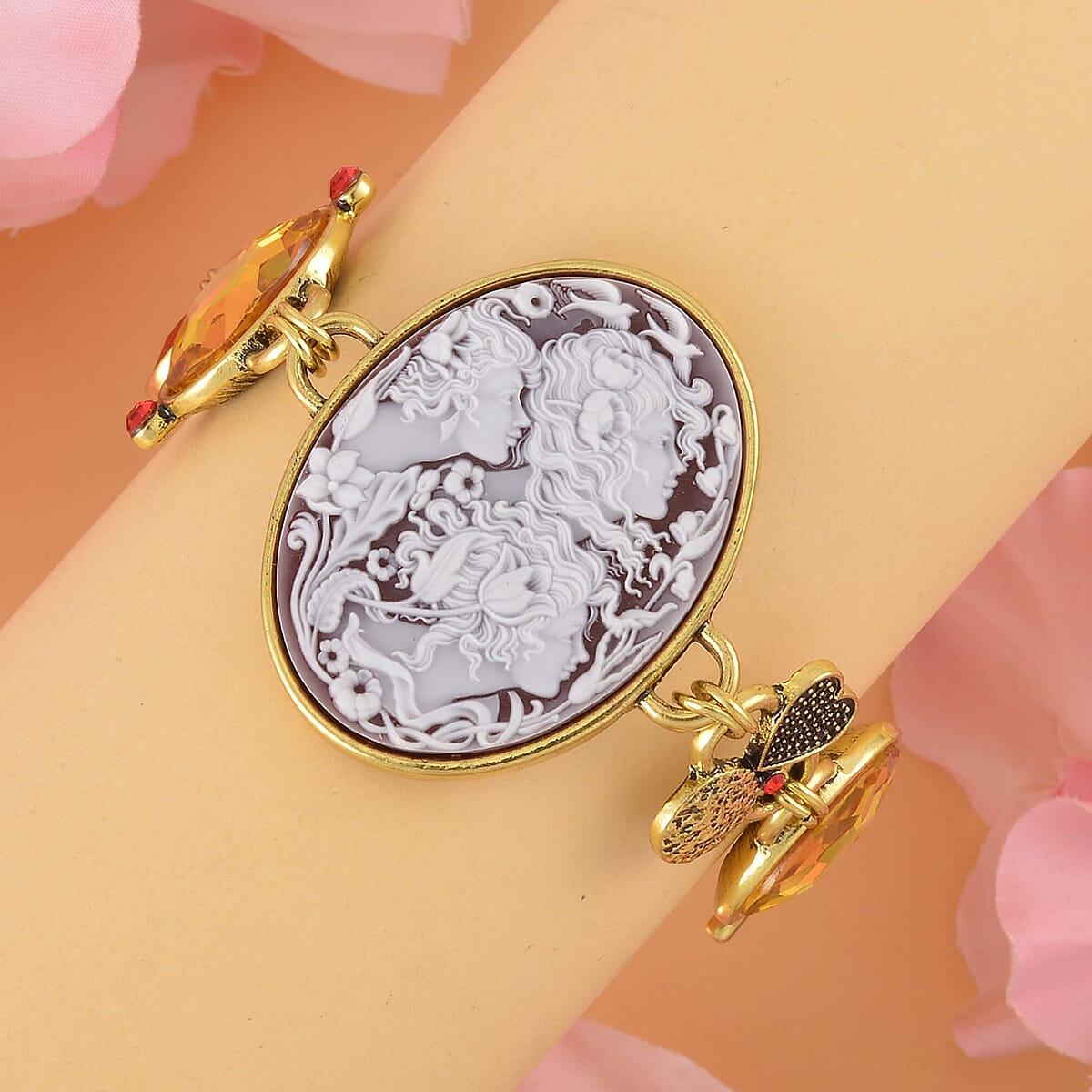 Red Cameo, Multi Glass, White and Red Crystal Bracelet in Goldtone (8.00 In) 5.00 ctw image number 1