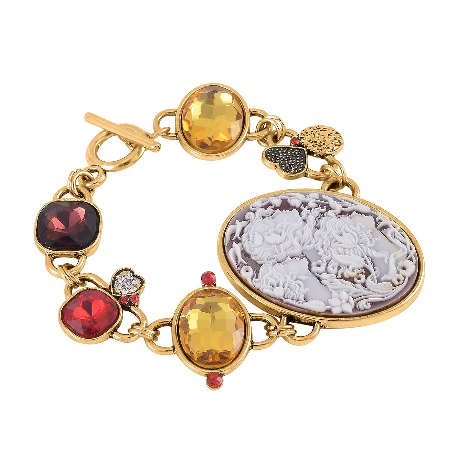 Red Cameo, Multi Glass, White and Red Crystal Bracelet in Goldtone (8.00 In) 5.00 ctw