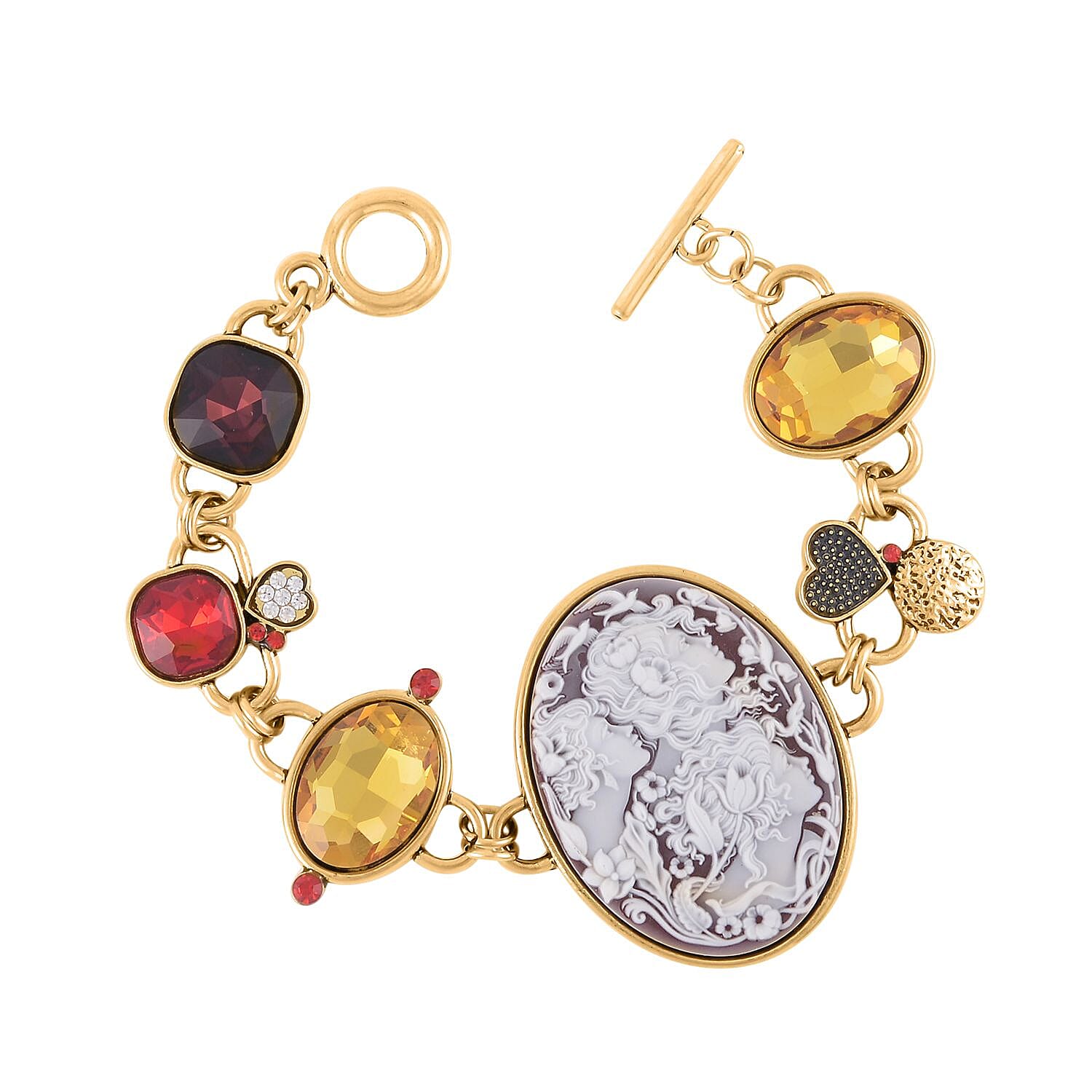 Red Cameo, Multi Glass, White and Red Crystal Bracelet in Goldtone (8.00 In) 5.00 ctw