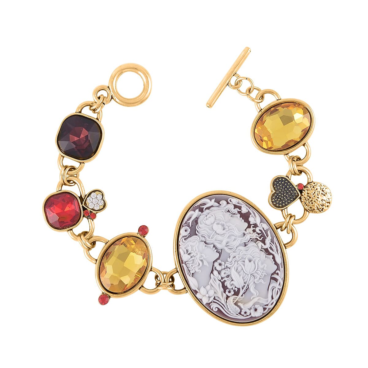 Red Cameo, Multi Glass, White and Red Crystal Bracelet in Goldtone (8.00 In) 5.00 ctw image number 3