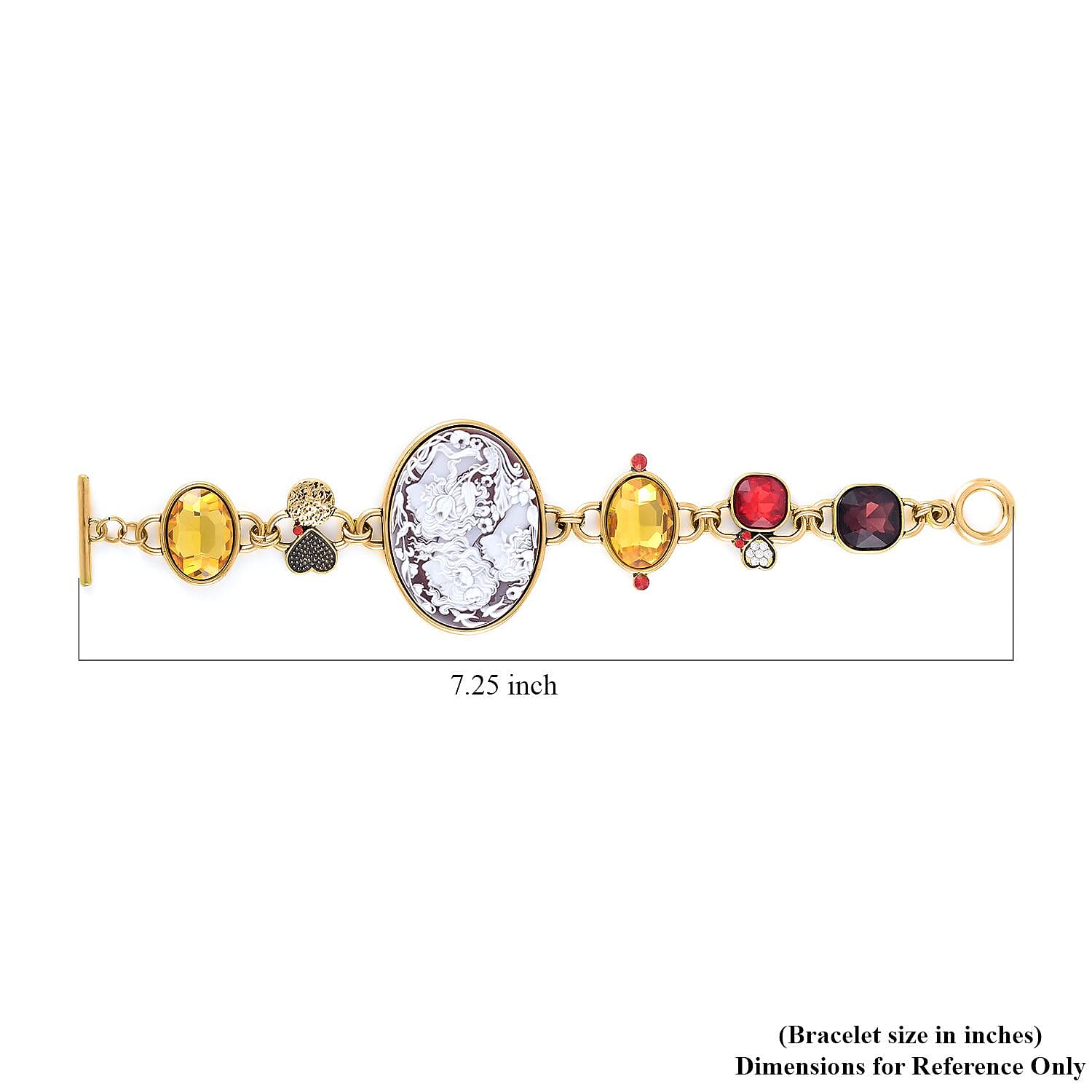 Red Cameo, Multi Glass, White and Red Crystal Bracelet in Goldtone (8.00 In) 5.00 ctw