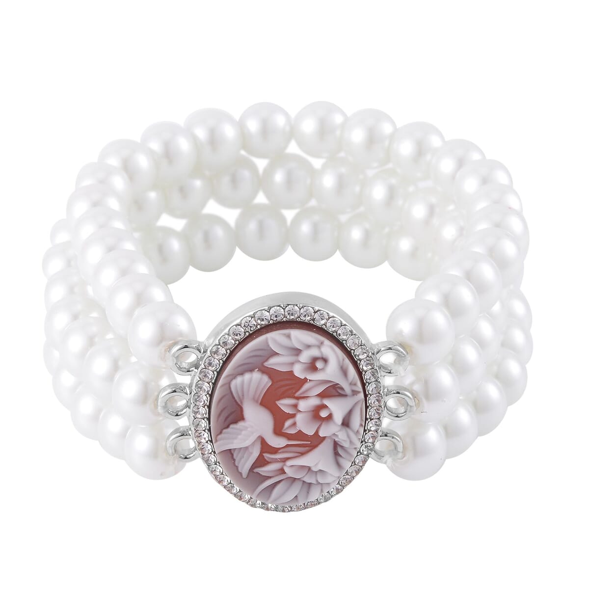 Cameo and White Pearl Glass Bracelet in Silvertone (6.5-7.5In) 5.00 ctw image number 0