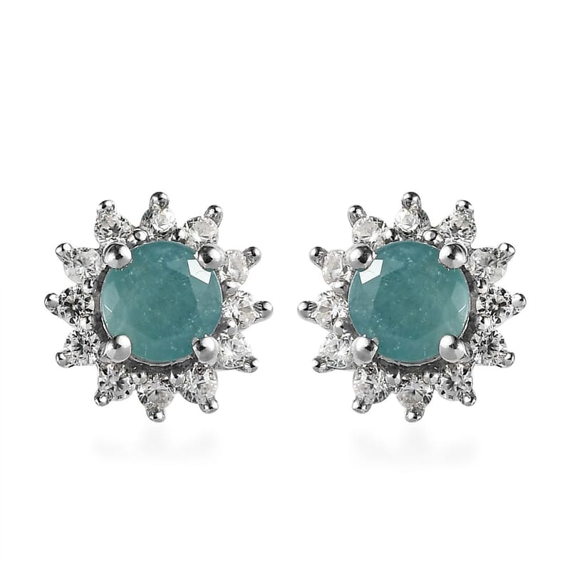 Grandidierite and White Zircon Sunburst Stud Earrings in Platinum Over Sterling Silver 0.85 ctw