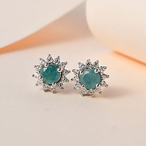 Grandidierite and White Zircon Sunburst Stud Earrings in Platinum Over Sterling Silver 0.85 ctw