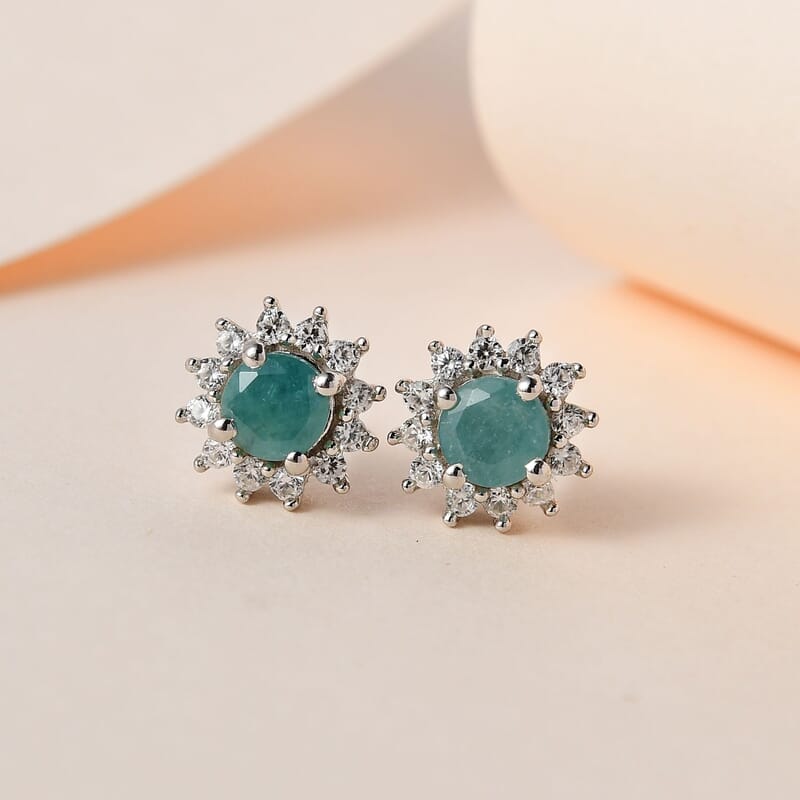 Grandidierite and White Zircon Sunburst Stud Earrings in Platinum Over Sterling Silver 0.85 ctw