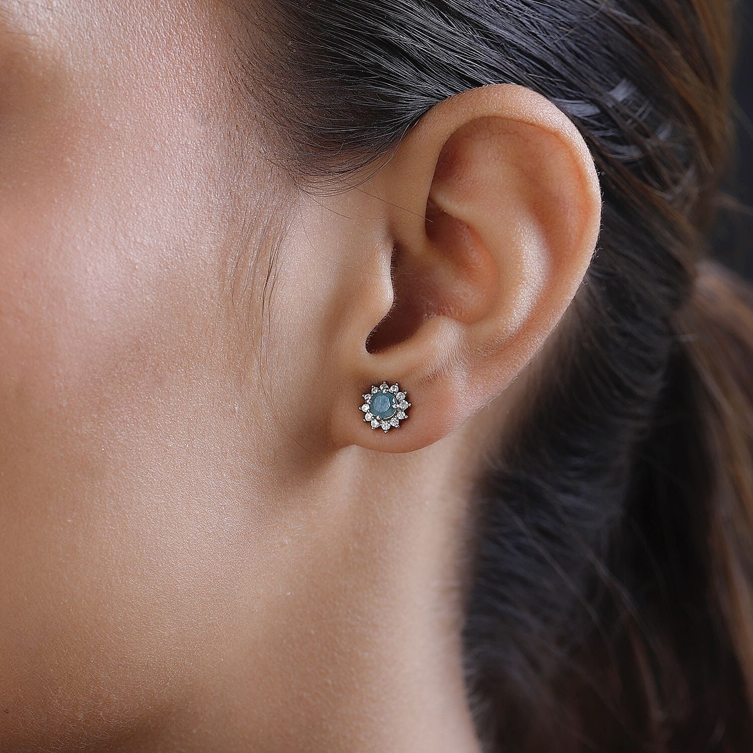 Grandidierite and White Zircon Sunburst Stud Earrings in Platinum Over Sterling Silver 0.85 ctw
