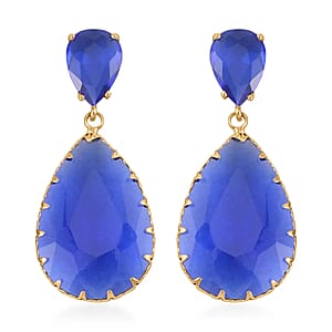Dark Blue Glass Drop Earrings in Goldtone