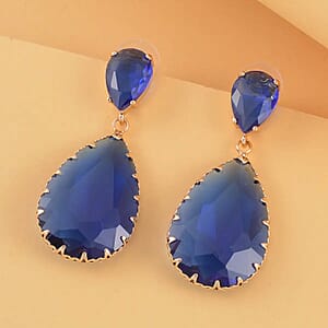 Dark Blue Glass Drop Earrings in Goldtone