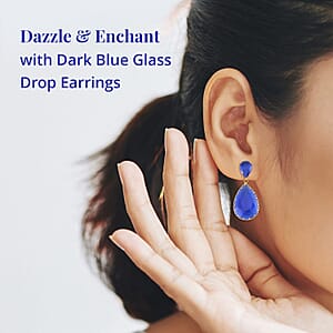 Dark Blue Glass Drop Earrings in Goldtone