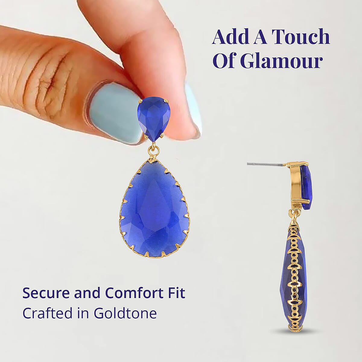 Dark Blue Glass Drop Earrings in Goldtone image number 3