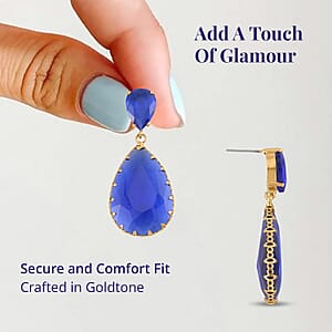 Dark Blue Glass Drop Earrings in Goldtone