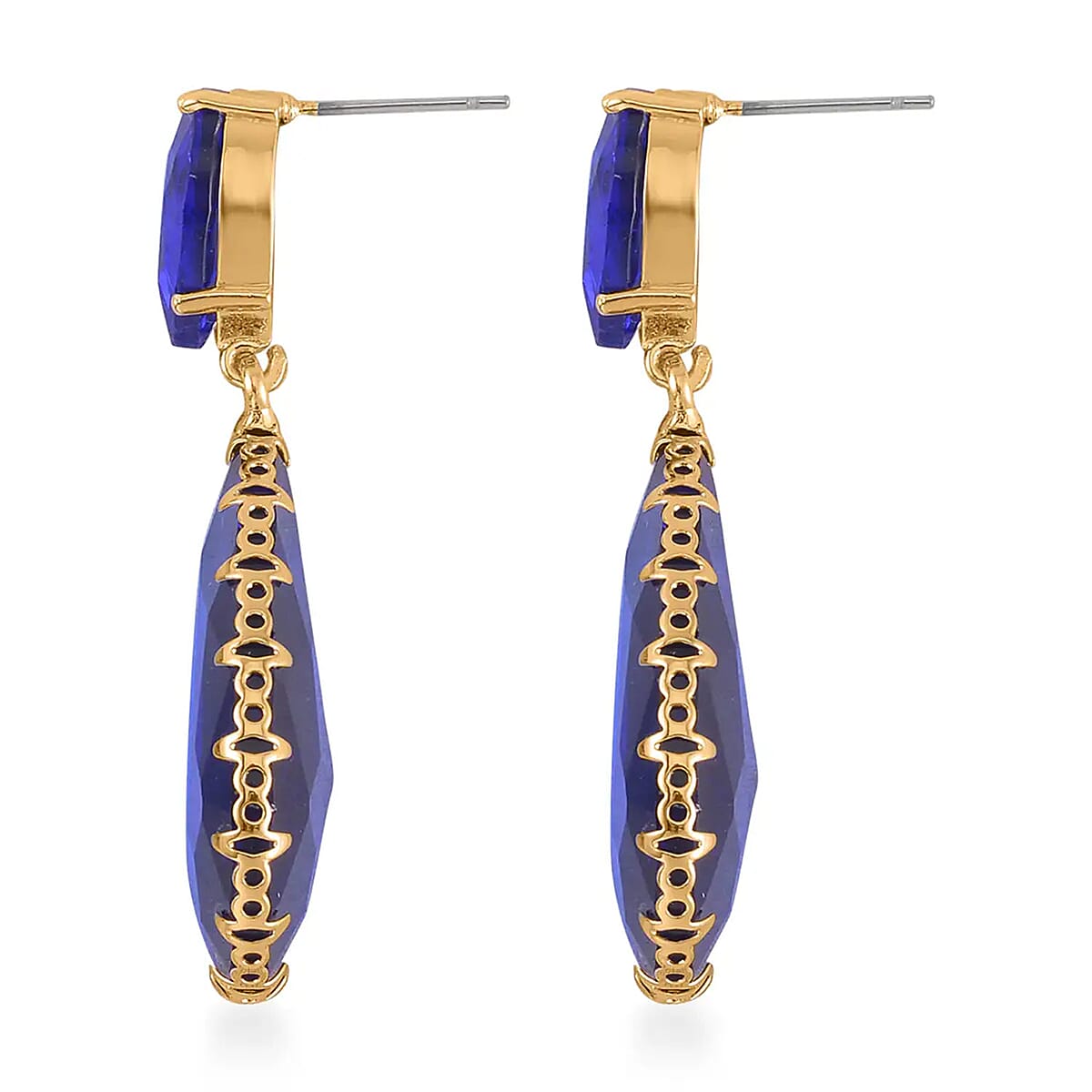 Dark Blue Glass Drop Earrings in Goldtone image number 5
