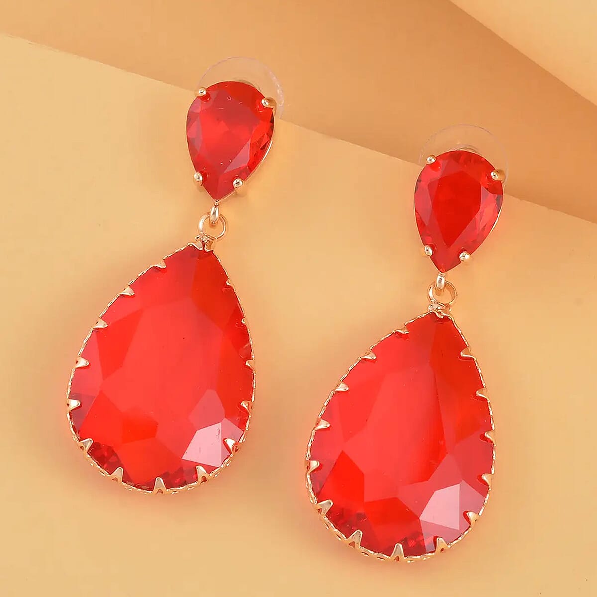 Red Glass Drop Earrings in Goldtone image number 1