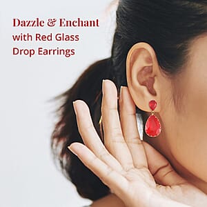 Red Glass Drop Earrings in Goldtone