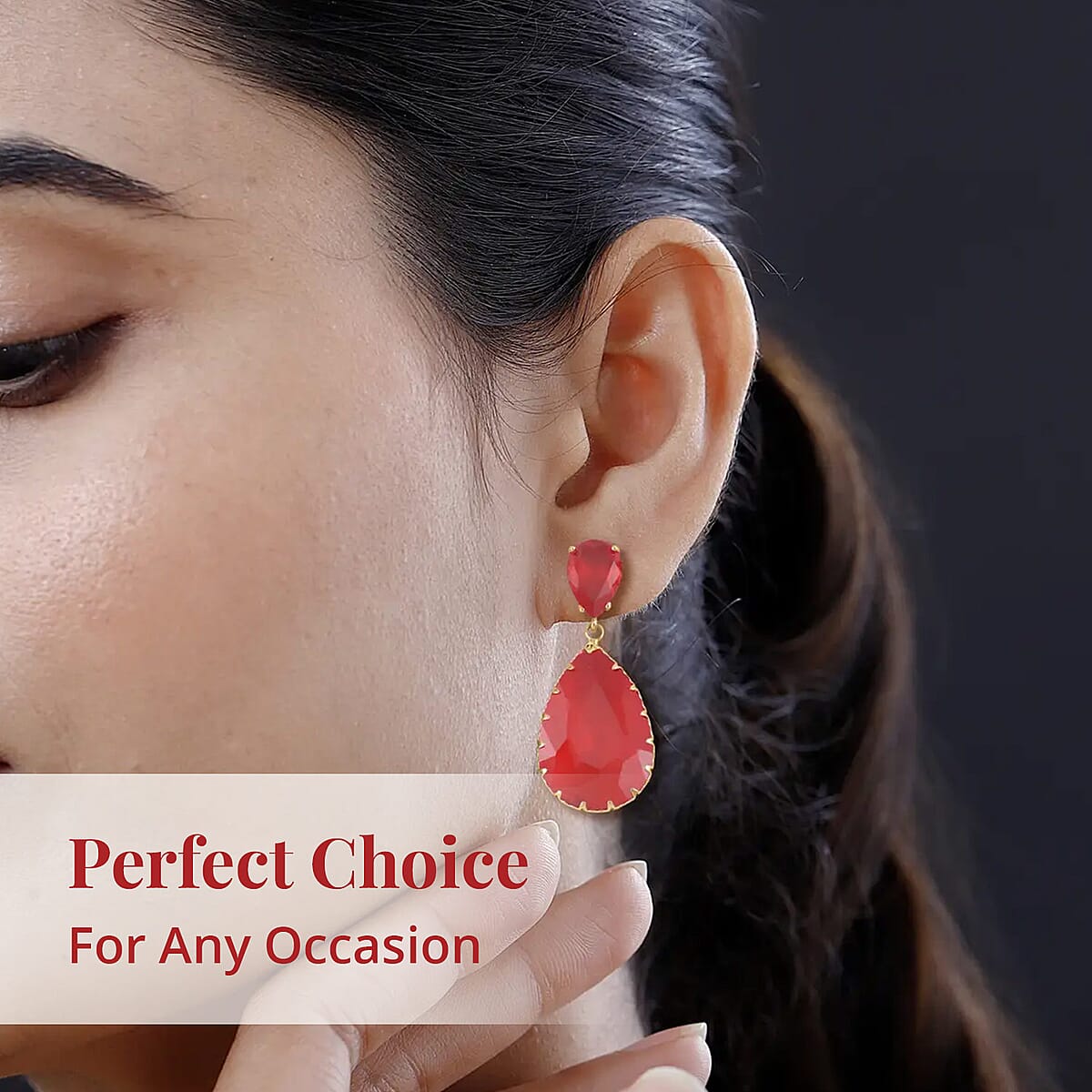 Red Glass Drop Earrings in Goldtone image number 4