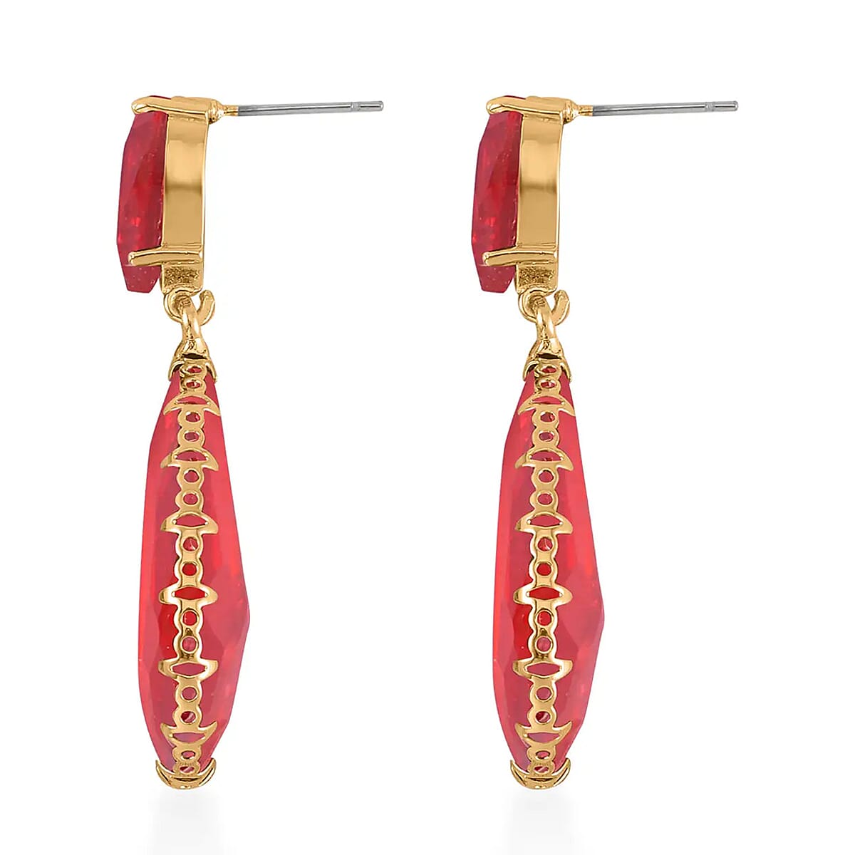 Red Glass Drop Earrings in Goldtone image number 5