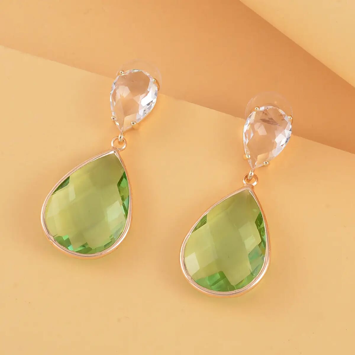 Light Green and White Glass Drop Earrings in Goldtone image number 1
