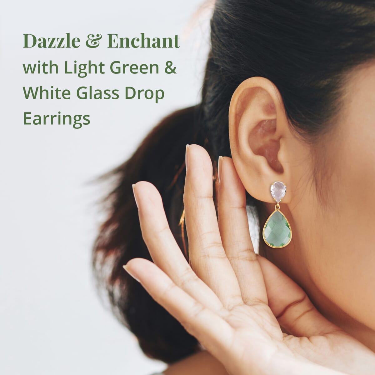 Light Green and White Glass Drop Earrings in Goldtone image number 2