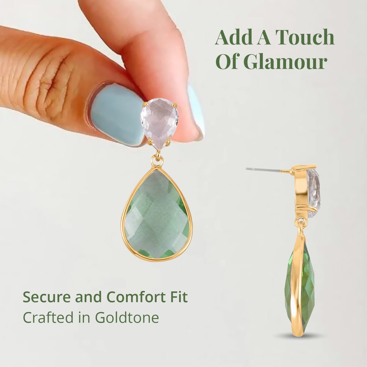 Light Green and White Glass Drop Earrings in Goldtone image number 3