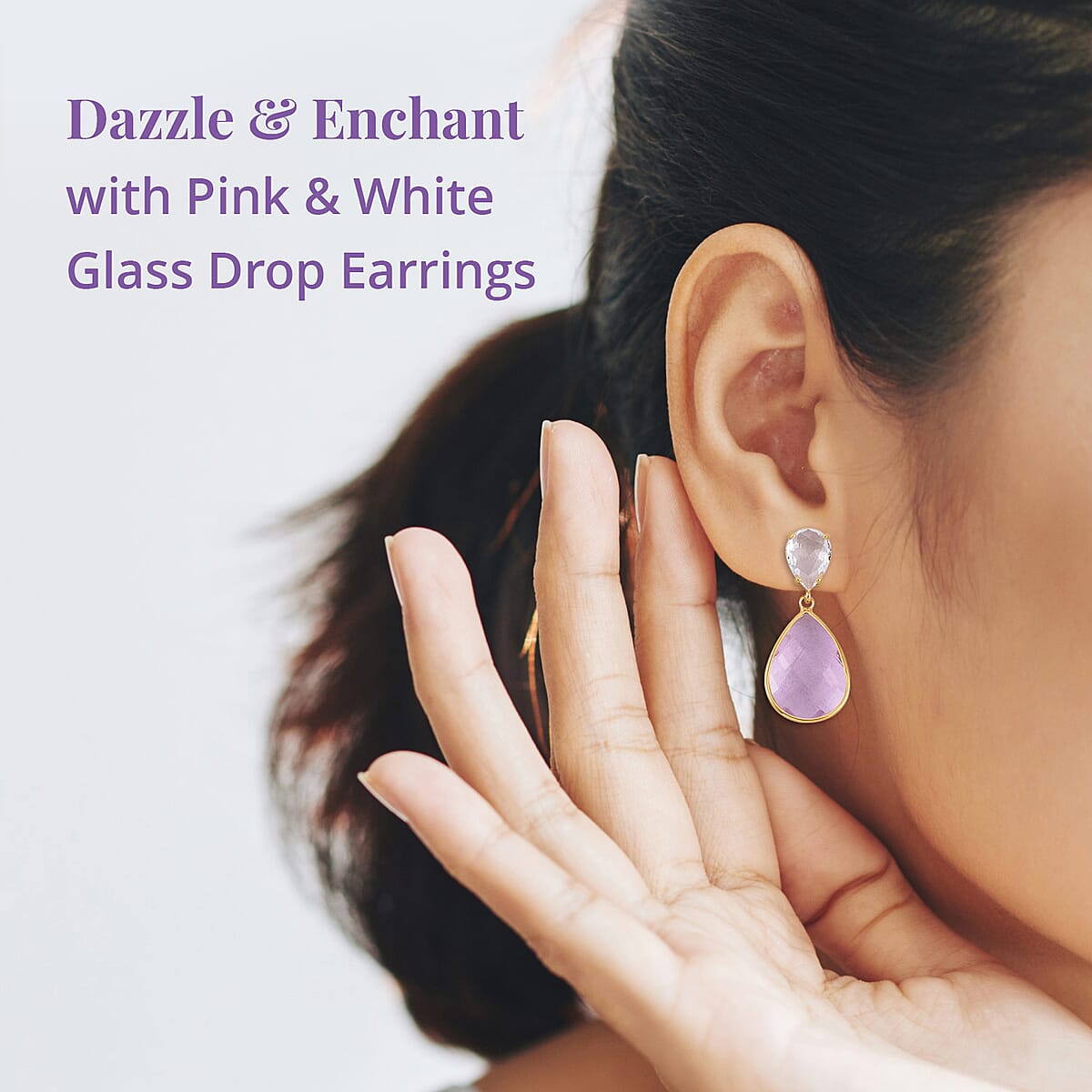 Pink and White Glass Drop Earrings in Goldtone image number 2