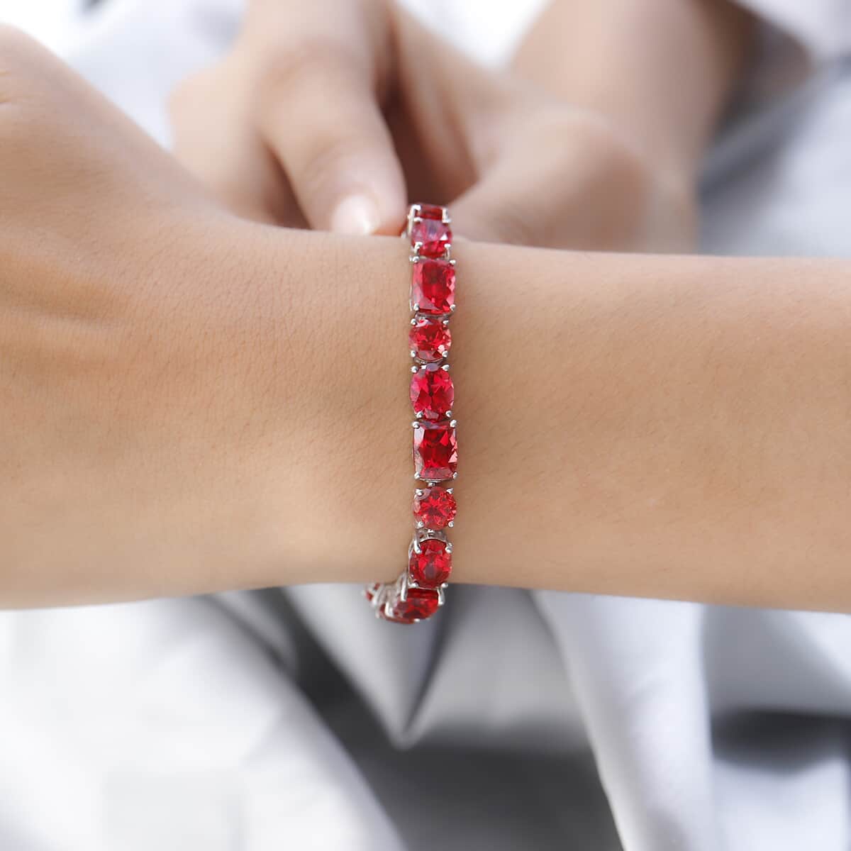 One Time Only Lab Created Padparadscha Sapphire Tennis Bracelet in Platinum Over Sterling Silver (8.00 In) 47.15 ctw image number 2