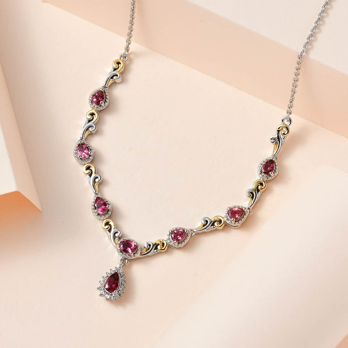 Premium Ouro Fino Rubellite and White Zircon Necklace 18-20 Inches in Vermeil YG and Platinum Over Sterling Silver 1.50 ctw image number 1