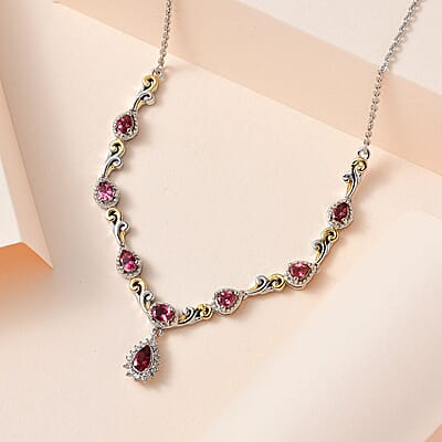 Premium Ouro Fino Rubellite and White Zircon Necklace 18-20 Inches in Vermeil YG and Platinum Over Sterling Silver 1.50 ctw