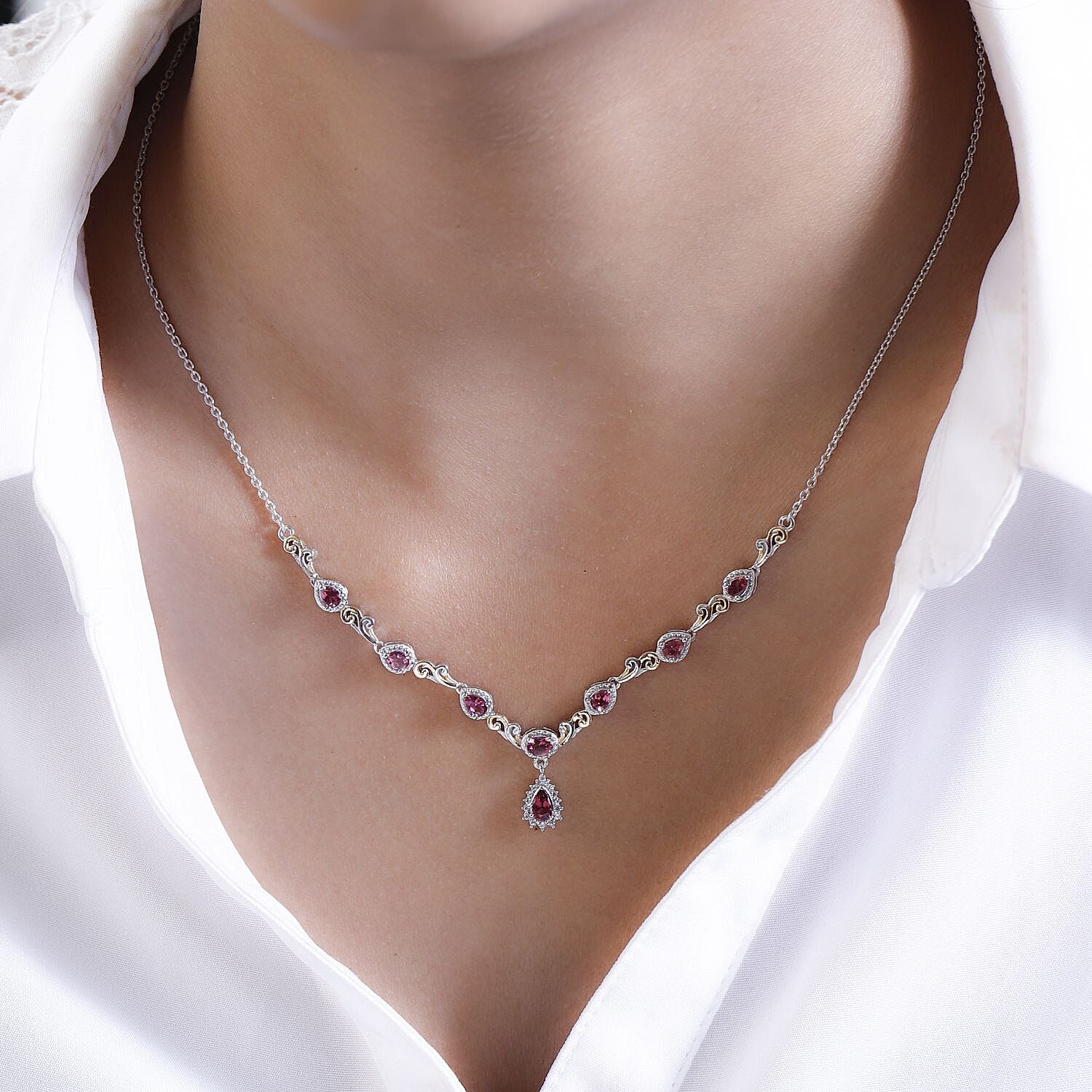 Premium Ouro Fino Rubellite and White Zircon Necklace 18-20 Inches in Vermeil YG and Platinum Over Sterling Silver 1.50 ctw