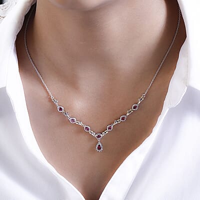 Premium Ouro Fino Rubellite and White Zircon Necklace 18-20 Inches in Vermeil YG and Platinum Over Sterling Silver 1.50 ctw