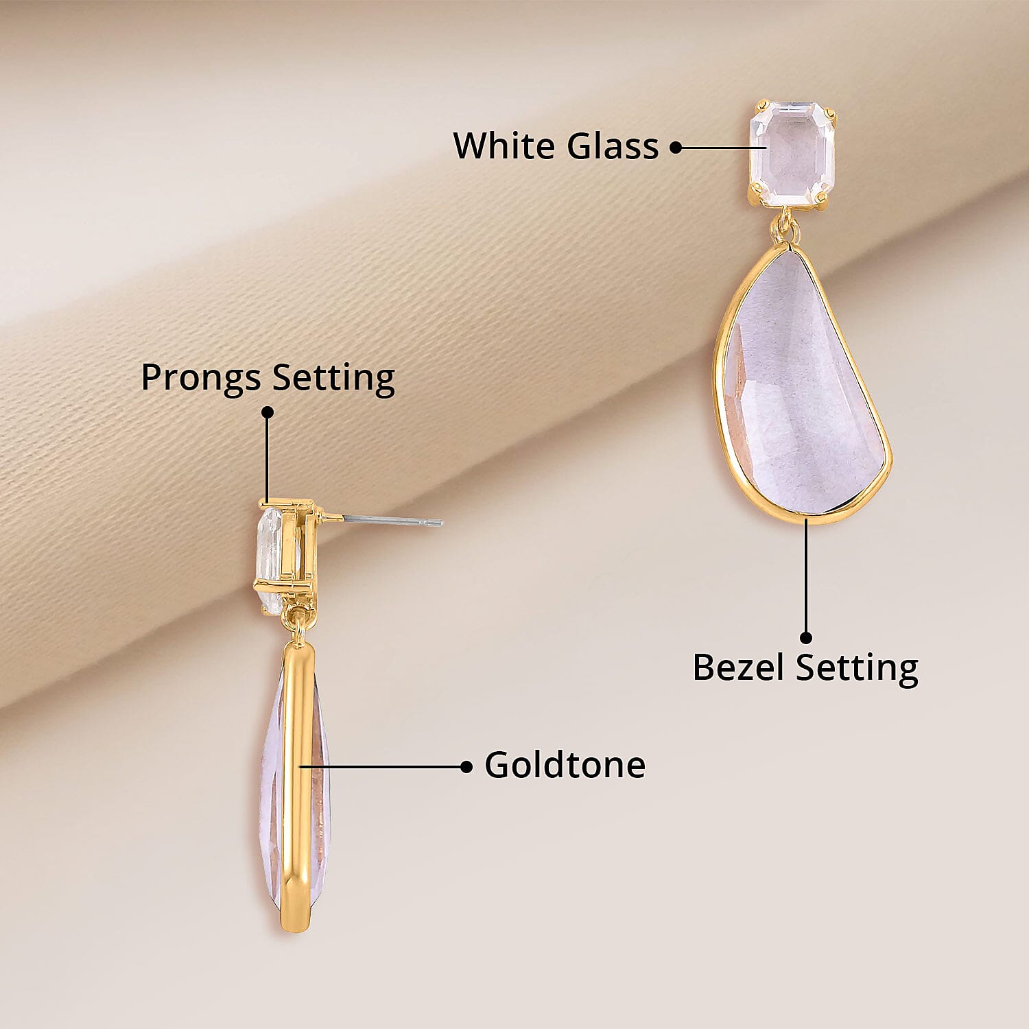White Glass Pear Shape Drop Earrings in Goldtone