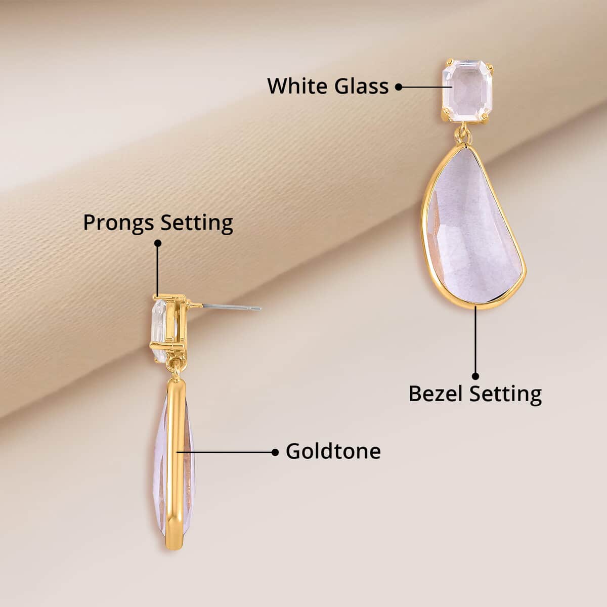 White Glass Pear Shape Drop Earrings in Goldtone image number 4