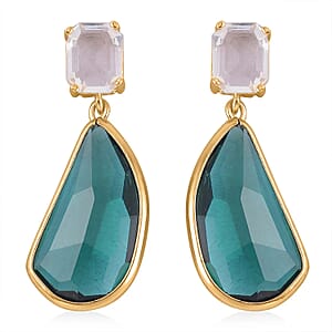 Dark Green and White Glass Pear Shape Drop Earrings in Goldtone
