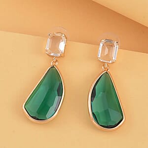 Dark Green and White Glass Pear Shape Drop Earrings in Goldtone