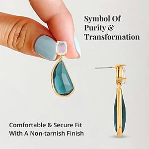 Dark Green and White Glass Pear Shape Drop Earrings in Goldtone