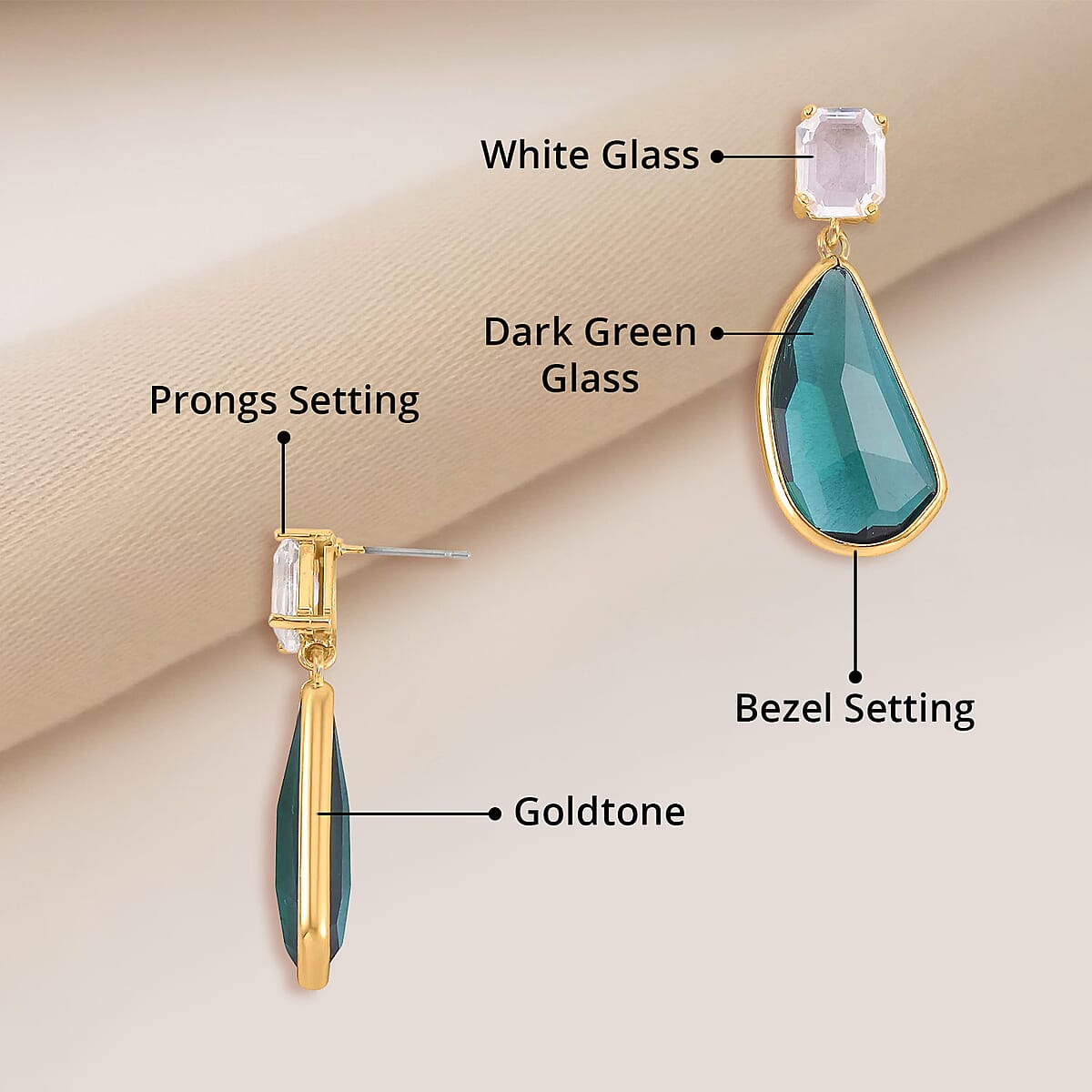 Dark Green and White Glass Pear Shape Drop Earrings in Goldtone image number 4